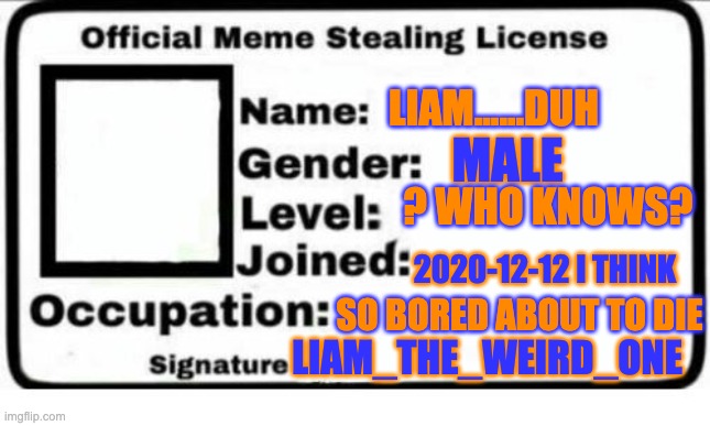 yas | LIAM......DUH; MALE; ? WHO KNOWS? 2020-12-12 I THINK; SO BORED ABOUT TO DIE; LIAM_THE_WEIRD_ONE | image tagged in official meme stealing license | made w/ Imgflip meme maker