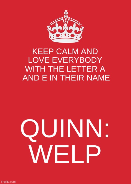 Quin -_- | KEEP CALM AND LOVE EVERYBODY WITH THE LETTER A  AND E IN THEIR NAME; QUINN: WELP | image tagged in memes,keep calm and carry on red | made w/ Imgflip meme maker
