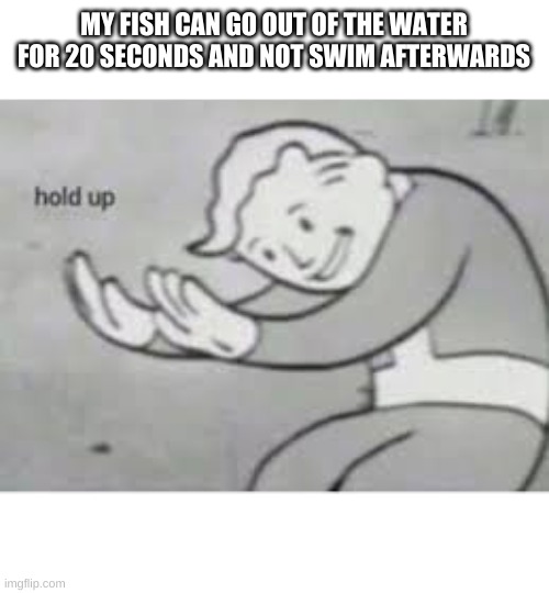 Hol up | MY FISH CAN GO OUT OF THE WATER FOR 20 SECONDS AND NOT SWIM AFTERWARDS | image tagged in hol up,fish | made w/ Imgflip meme maker