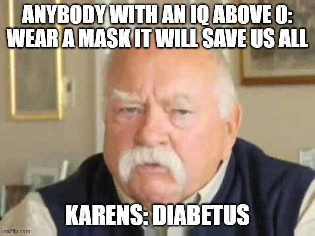 Wilford Brimley | ANYBODY WITH AN IQ ABOVE 0: WEAR A MASK IT WILL SAVE US ALL; KARENS: DIABETUS | image tagged in wilford brimley | made w/ Imgflip meme maker