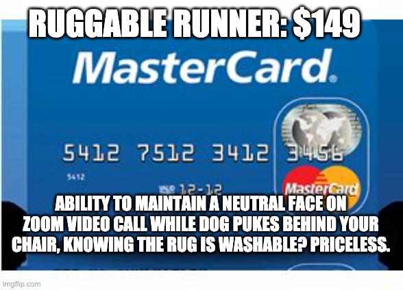 Dog pukes during zoom | RUGGABLE RUNNER: $149; ABILITY TO MAINTAIN A NEUTRAL FACE ON ZOOM VIDEO CALL WHILE DOG PUKES BEHIND YOUR CHAIR, KNOWING THE RUG IS WASHABLE? PRICELESS. | image tagged in priceless | made w/ Imgflip meme maker