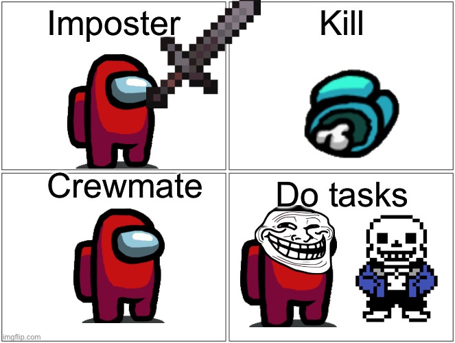 Among us | Imposter; Kill; Crewmate; Do tasks | image tagged in memes,blank comic panel 2x2 | made w/ Imgflip meme maker