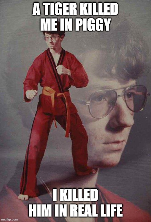 Karate Kyle Meme | A TIGER KILLED ME IN PIGGY; I KILLED HIM IN REAL LIFE | image tagged in memes,karate kyle | made w/ Imgflip meme maker