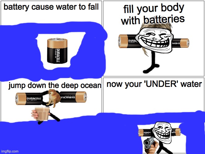 how to be "under" water |  battery cause water to fall; fill your body with batteries; now your 'UNDER' water; jump down the deep ocean | image tagged in memes,blank comic panel 2x2,underwater,comics/cartoons | made w/ Imgflip meme maker