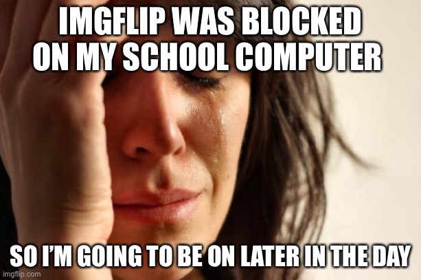 First World Problems | IMGFLIP WAS BLOCKED ON MY SCHOOL COMPUTER; SO I’M GOING TO BE ON LATER IN THE DAY | image tagged in memes,first world problems | made w/ Imgflip meme maker