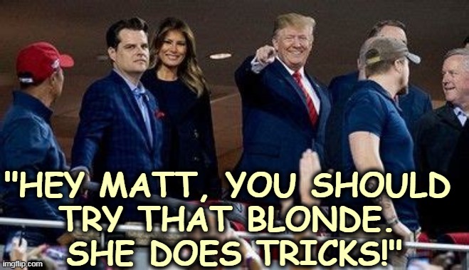 Remember when family values mattered to the GOP? Certainly not these days. | "HEY MATT, YOU SHOULD 
TRY THAT BLONDE. 
SHE DOES TRICKS!" | image tagged in trump,girlfriend | made w/ Imgflip meme maker
