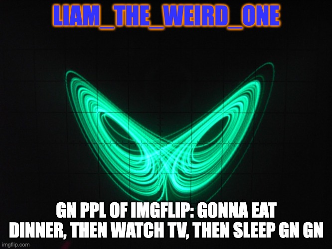 GN YALL | LIAM_THE_WEIRD_ONE; GN PPL OF IMGFLIP: GONNA EAT DINNER, THEN WATCH TV, THEN SLEEP GN GN | image tagged in liam_the_weird_one announcement template | made w/ Imgflip meme maker