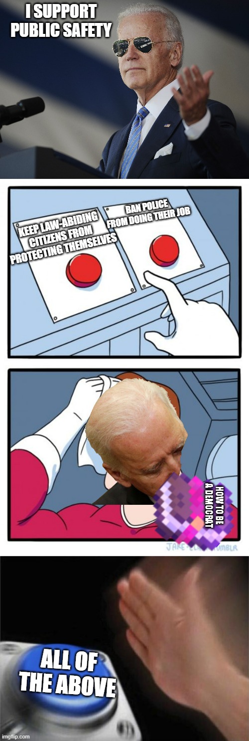 I SUPPORT PUBLIC SAFETY; BAN POLICE FROM DOING THEIR JOB; KEEP LAW-ABIDING CITIZENS FROM PROTECTING THEMSELVES; HOW TO BE A DEMOCRAT; ALL OF THE ABOVE | image tagged in joe biden come at me bro,memes,two buttons,blank nut button | made w/ Imgflip meme maker