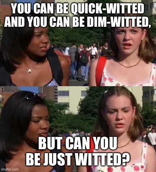 YOU CAN BE QUICK-WITTED AND YOU CAN BE DIM-WITTED, BUT CAN YOU BE JUST WITTED? | image tagged in memes,funny memes,movie humor | made w/ Imgflip meme maker