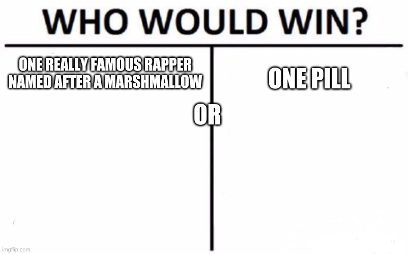 Who Would Win? Meme | ONE REALLY FAMOUS RAPPER NAMED AFTER A MARSHMALLOW; ONE PILL; OR | image tagged in memes,who would win | made w/ Imgflip meme maker