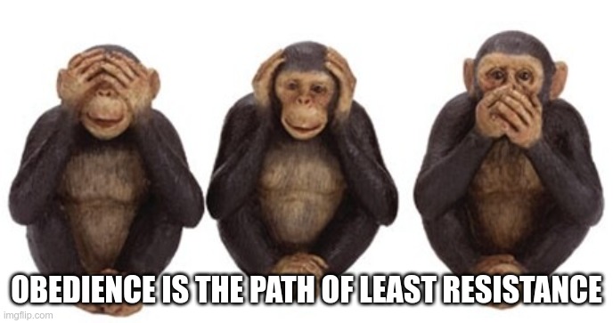 The LEFT explained | OBEDIENCE IS THE PATH OF LEAST RESISTANCE | image tagged in hear no evil,obey,leftists | made w/ Imgflip meme maker