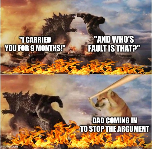 Kong Godzilla Doge | "AND WHO'S FAULT IS THAT?"; "I CARRIED YOU FOR 9 MONTHS!"; DAD COMING IN TO STOP THE ARGUMENT | image tagged in kong godzilla doge | made w/ Imgflip meme maker