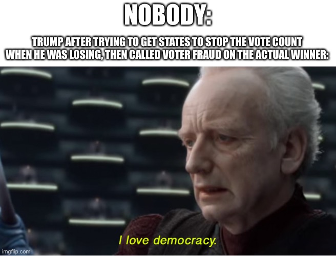 bro | NOBODY:; TRUMP AFTER TRYING TO GET STATES TO STOP THE VOTE COUNT WHEN HE WAS LOSING, THEN CALLED VOTER FRAUD ON THE ACTUAL WINNER: | image tagged in i love democracy | made w/ Imgflip meme maker
