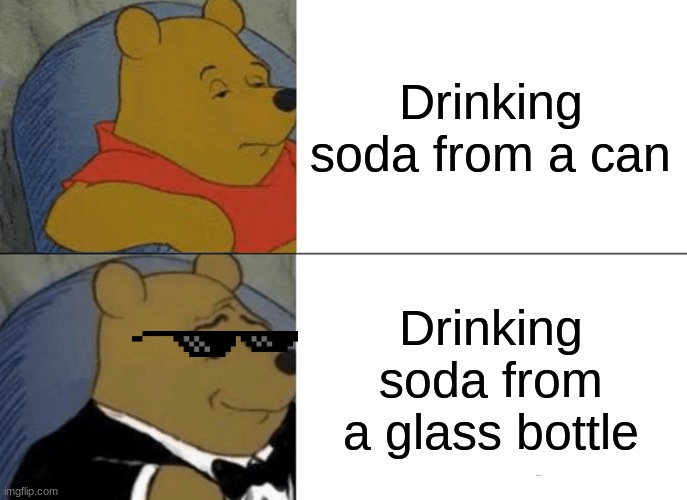 Am I the only one that feels this way?? | Drinking soda from a can; Drinking soda from a glass bottle | image tagged in memes,tuxedo winnie the pooh | made w/ Imgflip meme maker