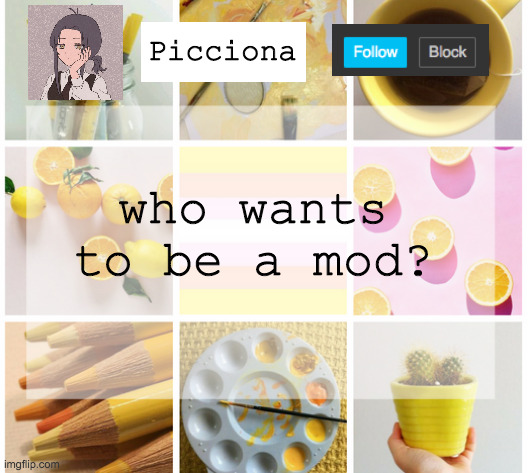 Picciona; who wants to be a mod? | image tagged in hi | made w/ Imgflip meme maker