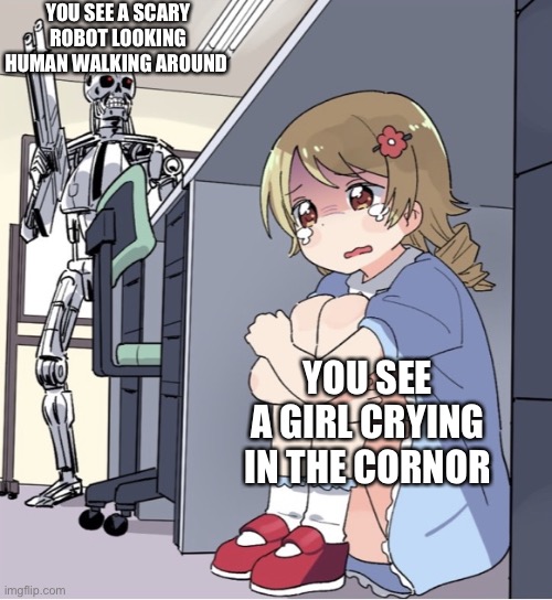 Role play in comments | YOU SEE A SCARY ROBOT LOOKING HUMAN WALKING AROUND; YOU SEE A GIRL CRYING IN THE CORNER | image tagged in anime girl hiding from terminator,role play,rp | made w/ Imgflip meme maker