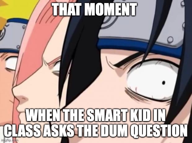 smart kid, dum question | THAT MOMENT; WHEN THE SMART KID IN CLASS ASKS THE DUM QUESTION | image tagged in naruto sasuke and sakura | made w/ Imgflip meme maker