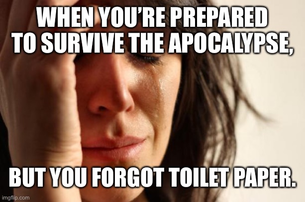 I will die | WHEN YOU’RE PREPARED TO SURVIVE THE APOCALYPSE, BUT YOU FORGOT TOILET PAPER. | image tagged in memes,first world problems | made w/ Imgflip meme maker