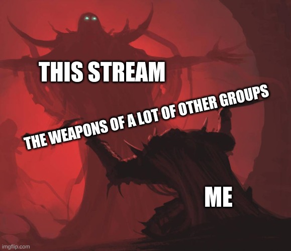 When the time comes, the weapons are and will be at your disposal. | THIS STREAM; THE WEAPONS OF A LOT OF OTHER GROUPS; ME | image tagged in man giving sword to larger man | made w/ Imgflip meme maker