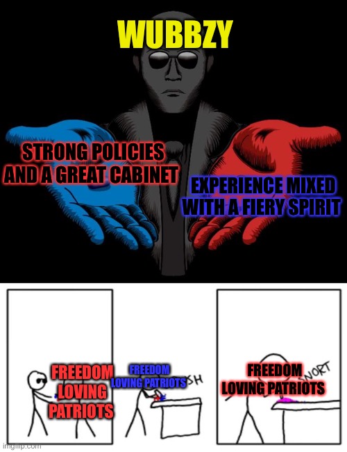 Vote Wubbzy! | WUBBZY; STRONG POLICIES AND A GREAT CABINET; EXPERIENCE MIXED WITH A FIERY SPIRIT; FREEDOM LOVING PATRIOTS; FREEDOM LOVING PATRIOTS; FREEDOM LOVING PATRIOTS | image tagged in snorting the blue pill and red pill | made w/ Imgflip meme maker
