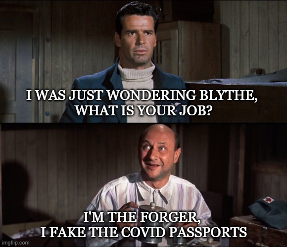 We are POFs (Prisoners of Fearmongers) | I WAS JUST WONDERING BLYTHE, 
WHAT IS YOUR JOB? I'M THE FORGER, 
I FAKE THE COVID PASSPORTS | image tagged in james garner,donald plesance,great escape,covid,covid passport | made w/ Imgflip meme maker