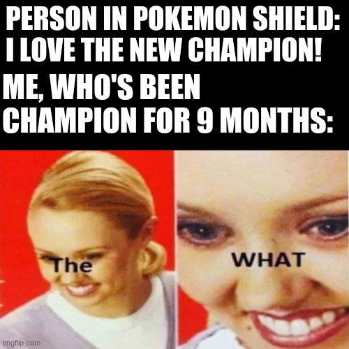 The What | PERSON IN POKEMON SHIELD: I LOVE THE NEW CHAMPION! ME, WHO'S BEEN CHAMPION FOR 9 MONTHS: | image tagged in the what | made w/ Imgflip meme maker