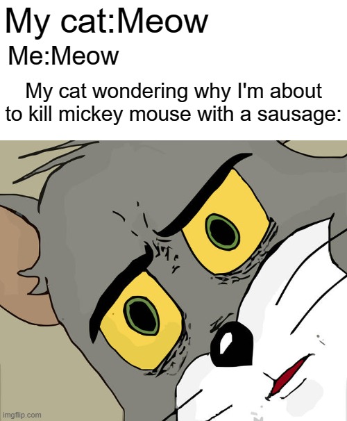 lol | My cat:Meow; Me:Meow; My cat wondering why I'm about to kill mickey mouse with a sausage: | image tagged in memes,unsettled tom,cats,meow | made w/ Imgflip meme maker