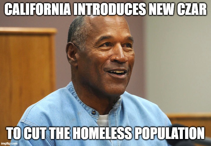 oj | CALIFORNIA INTRODUCES NEW CZAR; TO CUT THE HOMELESS POPULATION | image tagged in oj,california,homeless | made w/ Imgflip meme maker