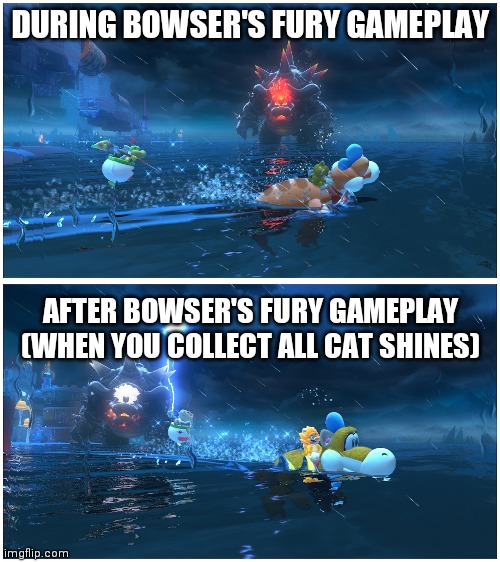 Everyone in Bowser's fury looks way cooler after you collected all the cat shines! | DURING BOWSER'S FURY GAMEPLAY; AFTER BOWSER'S FURY GAMEPLAY (WHEN YOU COLLECT ALL CAT SHINES) | image tagged in bowser,mario,bowser jr | made w/ Imgflip meme maker