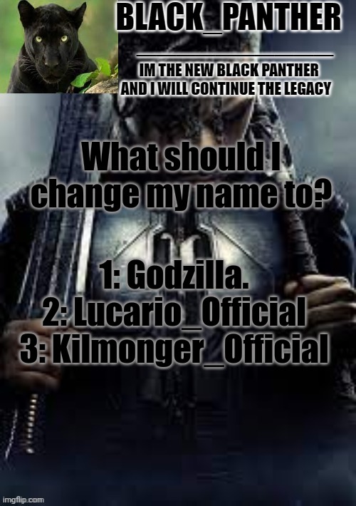 Or should I not change it | What should I change my name to? 1: Godzilla.
2: Lucario_Official
3: Kilmonger_Official | image tagged in black_panther's new temp | made w/ Imgflip meme maker