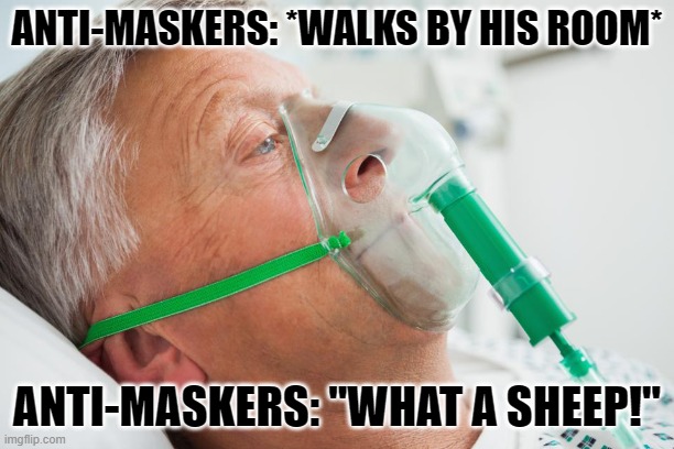 ANTI-MASK EXTREMISTS | ANTI-MASKERS: *WALKS BY HIS ROOM*; ANTI-MASKERS: "WHAT A SHEEP!" | image tagged in funny,covid-19,masks | made w/ Imgflip meme maker