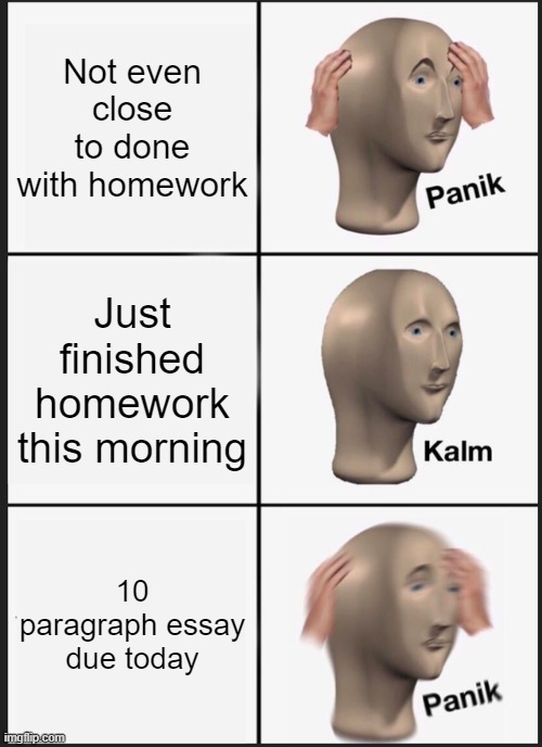 STRESS | Not even close to done with homework; Just finished homework this morning; 10 paragraph essay due today | image tagged in memes,panik kalm panik | made w/ Imgflip meme maker