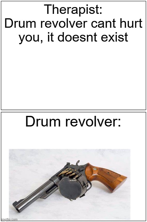 Blank Comic Panel 1x2 |  Therapist:
Drum revolver cant hurt you, it doesnt exist; Drum revolver: | image tagged in memes,blank comic panel 1x2 | made w/ Imgflip meme maker