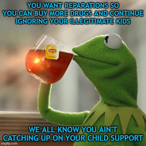 If this meme offends you ... tough shit! | YOU WANT REPARATIONS SO YOU CAN BUY MORE DRUGS AND CONTINUE IGNORING YOUR ILLEGITIMATE KIDS; WE ALL KNOW YOU AIN'T CATCHING UP ON YOUR CHILD SUPPORT | image tagged in memes,but that's none of my business,kermit the frog | made w/ Imgflip meme maker