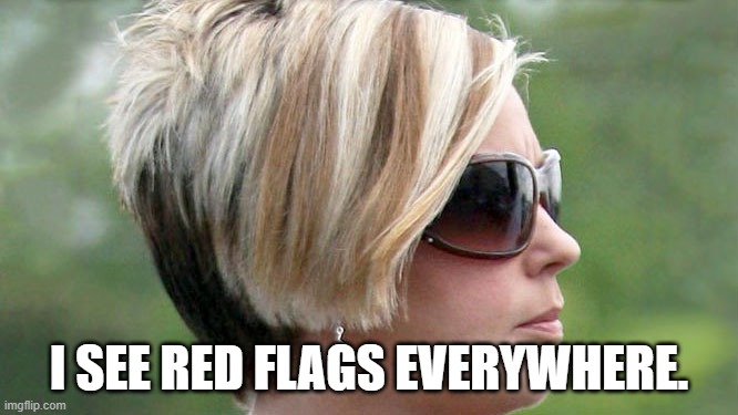 Karen | I SEE RED FLAGS EVERYWHERE. | image tagged in karen | made w/ Imgflip meme maker