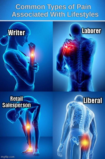 Common Lifestyle Associated Pain | Laborer; Writer; Retail Salesperson; Liberal | image tagged in lifestyle associated pain,butthurt liberals,triggered liberal,political humor | made w/ Imgflip meme maker