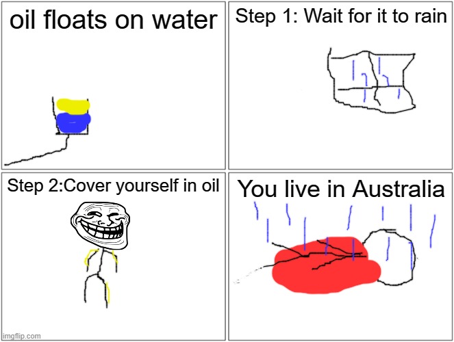 i reccomend you not do this in austrailia | oil floats on water; Step 1: Wait for it to rain; Step 2:Cover yourself in oil; You live in Australia | image tagged in memes,blank comic panel 2x2,australia,comic meme | made w/ Imgflip meme maker