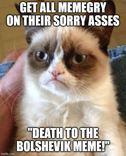 Grumpy Cat Meme | GET ALL MEMEGRY ON THEIR SORRY ASSES; "DEATH TO THE BOLSHEVIK MEME!" | image tagged in memes,grumpy cat | made w/ Imgflip meme maker