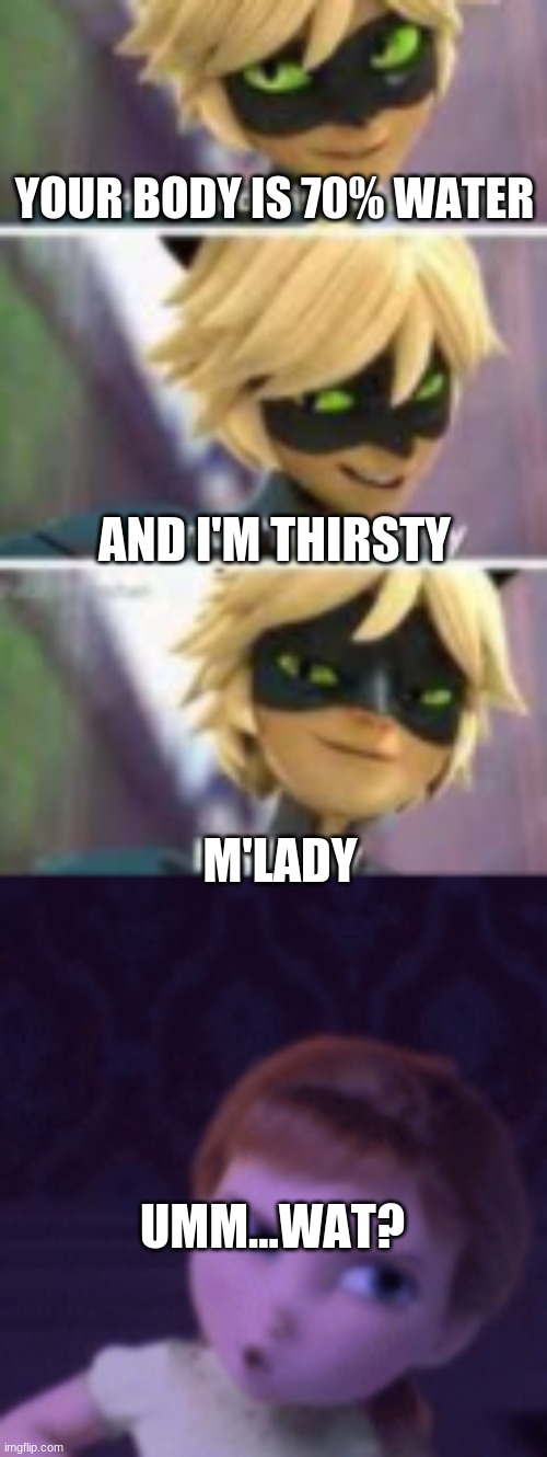 I found this online and this was my reaction | YOUR BODY IS 70% WATER; AND I'M THIRSTY; M'LADY; UMM...WAT? | image tagged in anna frozen,chat noir miraculous,wow | made w/ Imgflip meme maker