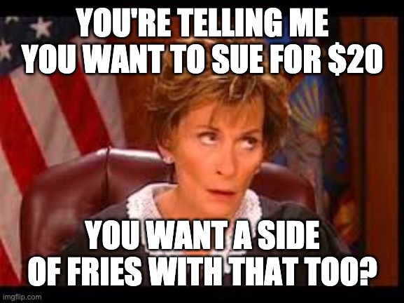 Judge Judy Eye Roll | YOU'RE TELLING ME YOU WANT TO SUE FOR $20; YOU WANT A SIDE OF FRIES WITH THAT TOO? | image tagged in judge judy eye roll | made w/ Imgflip meme maker