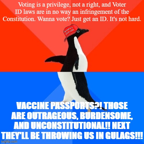 things that make you go hmmm | Voting is a privilege, not a right, and Voter ID laws are in no way an infringement of the Constitution. Wanna vote? Just get an ID. It's not hard. VACCINE PASSPORTS?! THOSE ARE OUTRAGEOUS, BURDENSOME, AND UNCONSTITUTIONAL!! NEXT THEY'LL BE THROWING US IN GULAGS!!! | image tagged in socially awesome awkward penguin maga hat,conservative hypocrisy,conservative logic,socially awesome awkward penguin,vaccines | made w/ Imgflip meme maker