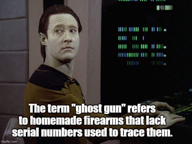 Data-Computer | The term "ghost gun" refers to homemade firearms that lack serial numbers used to trace them. | image tagged in data-computer | made w/ Imgflip meme maker