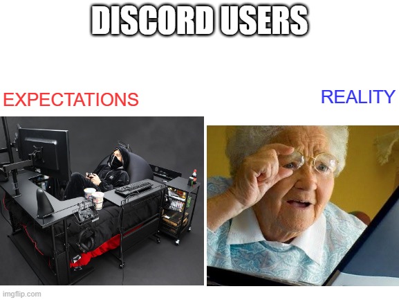 i think its true | DISCORD USERS; EXPECTATIONS; REALITY | image tagged in discord,grandma finds the internet,gamer,expectation vs reality | made w/ Imgflip meme maker