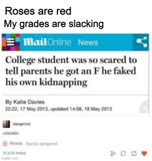 Who is his parents???? | Roses are red; My grades are slacking | image tagged in funny | made w/ Imgflip meme maker