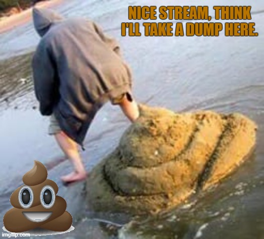 Stream Dumping | NICE STREAM, THINK I'LL TAKE A DUMP HERE. | image tagged in stream dumping memes,poop memes | made w/ Imgflip meme maker