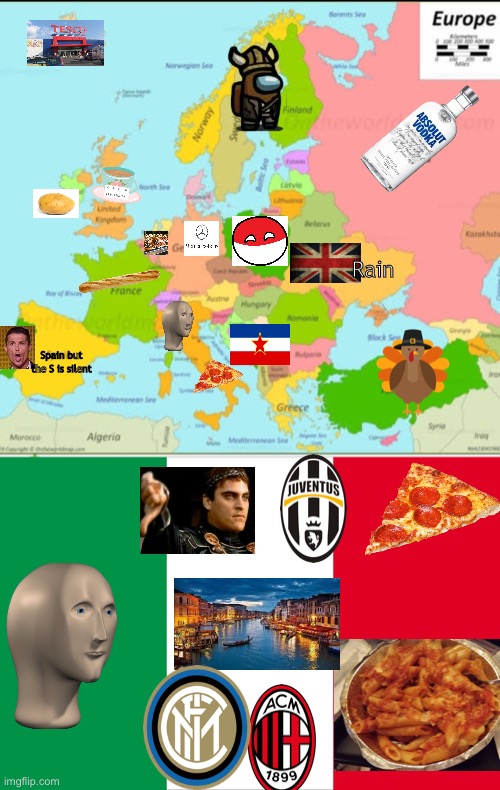 MemeMan has arrived in Italy | Rain; Spain but the S is silent | image tagged in europe map,italy,europe,pizza,meme man,stonks | made w/ Imgflip meme maker