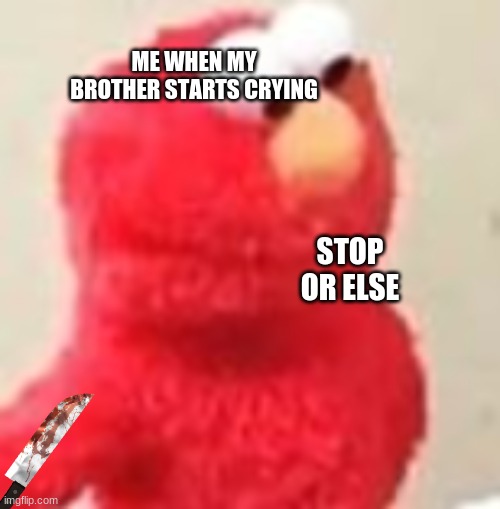 YUP | ME WHEN MY BROTHER STARTS CRYING; STOP OR ELSE | image tagged in the elmo stare | made w/ Imgflip meme maker