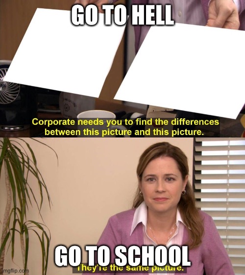 They're the same picture meme |  GO TO HELL; GO TO SCHOOL | image tagged in they're the same picture meme | made w/ Imgflip meme maker
