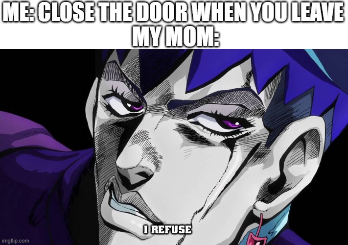 I refuse | MY MOM:; ME: CLOSE THE DOOR WHEN YOU LEAVE | image tagged in i refuse | made w/ Imgflip meme maker