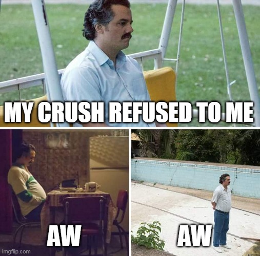 Sad Pablo Escobar Meme | MY CRUSH REFUSED TO ME; AW; AW | image tagged in memes,sad pablo escobar | made w/ Imgflip meme maker